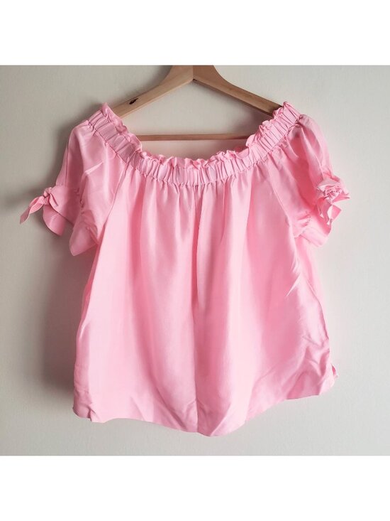 J. Crew Tops - J Crew Pink Silk Blouse 8 Off-Shoulder Top w Bow Tied Sleeves